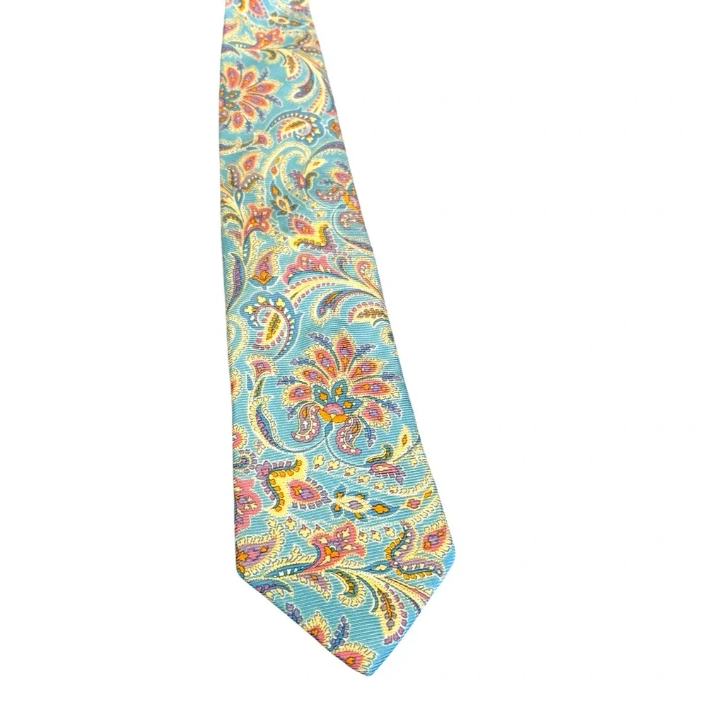 Lands End Tie Silk Paisley Floral Pastel Colors Woven 58 in Spring Blue‎ Craft